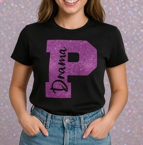 Black Drama Glitter Letter P T-Shirt Pink Sparkle Graphic Tee S Short Sleeve Uni